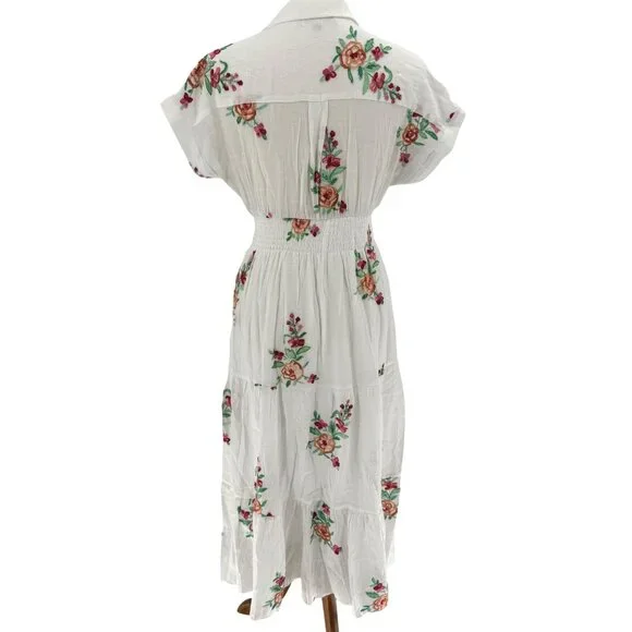 Floral Embroidered White Button-Front Midi Dress With Elastic Waist By J. Gee Si - Picture 2 of 5